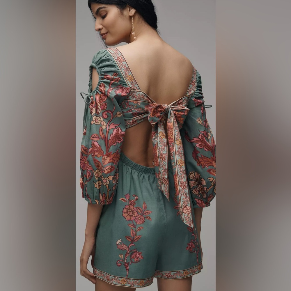 NWT FARM RIO x ANTHROPOLOGIE Puff-Sleeve Square-Neck Romper - Picture 4 of 4